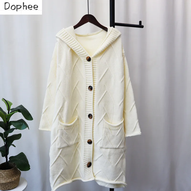 

Dophee New Autumn Winter Ultra Long Knitting Trench Coat for Women Single-breasted Hooded Loose Sweater Casual Cardigan Top