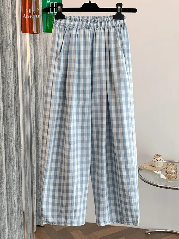 

Женские летние брюки из хлопка и льна с высокой талией, широкими штанинами, эластичным поясом, повседневные, прямые, в клетку, длиной 7/8, в художественном стиле