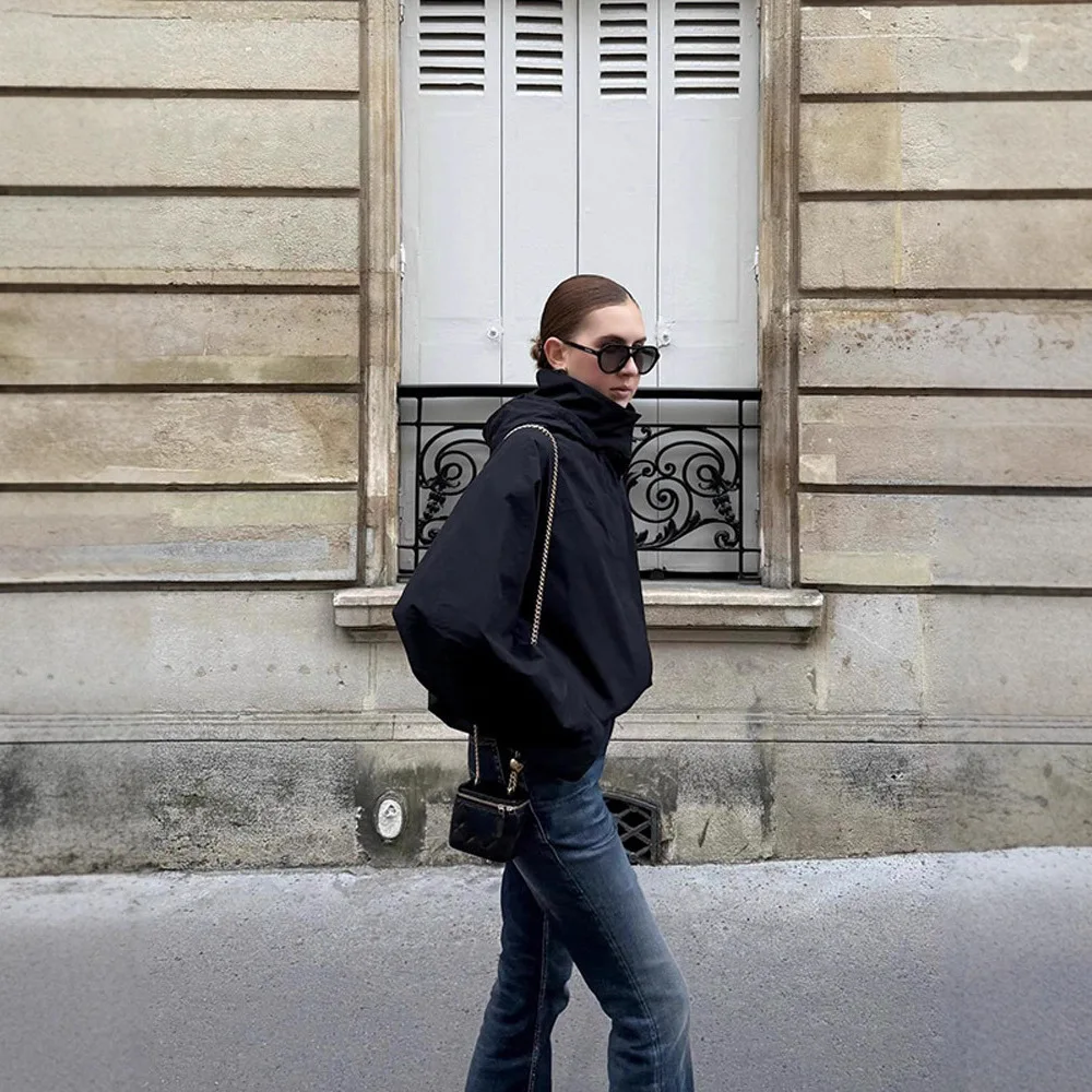 

2024, весенне-осенний новый женский ветровка с высоким воротом и съемным капюшоном, свободный короткий ветрозащитный комплект верхней одежды из двух предметов