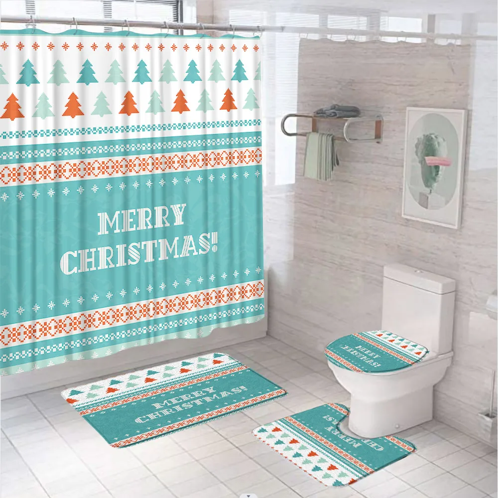 Boho Christmas Bathroom Set with Shower Curtain Rug Bath Mat Lid Toilet Cover Xmas Snowflakes Tree Winter New Year Bath Curtains