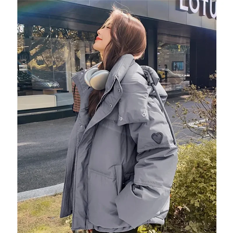 Autumn Winter Women'S Cotton Jacket New Fashion Loose Casual Hooded Cotton Coat Pure Colour Thicken Grey Outerwear Female