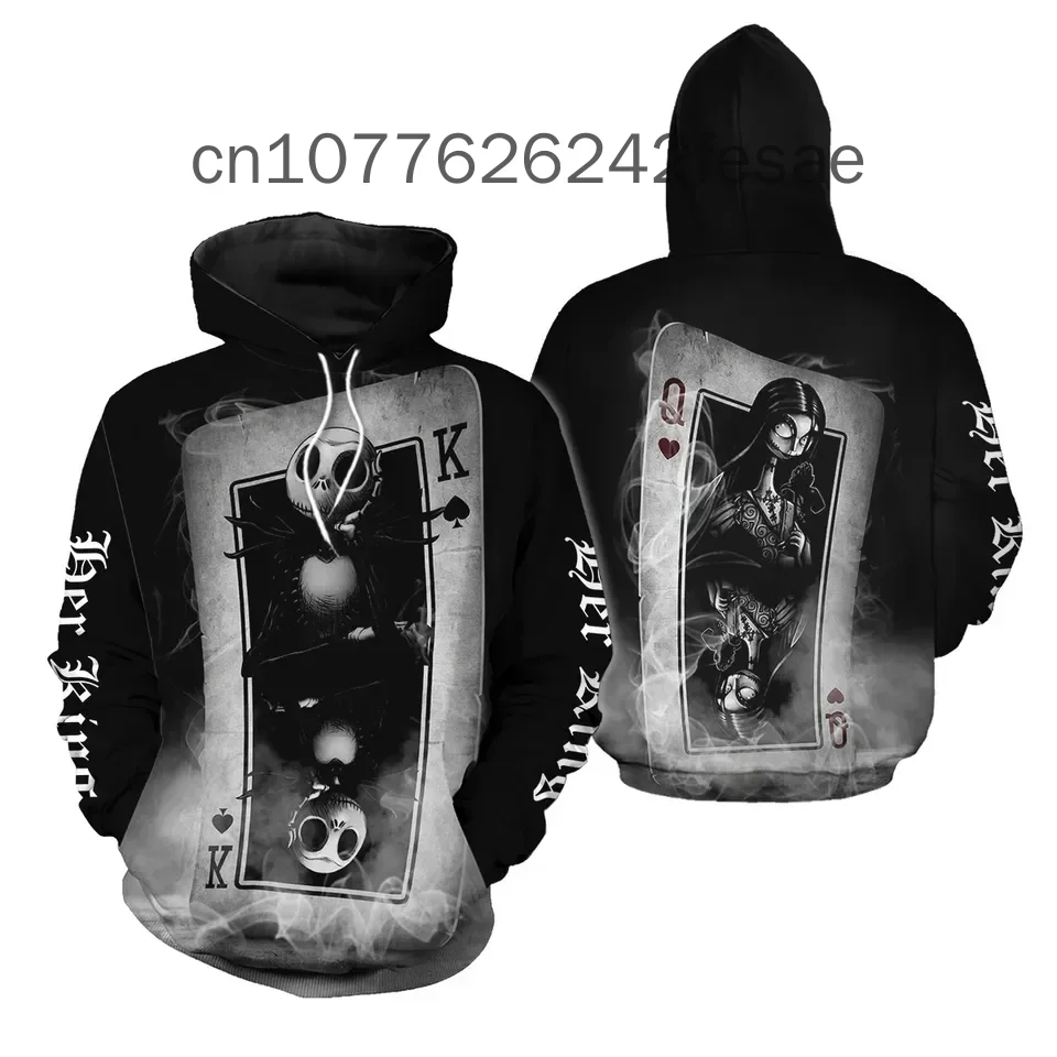 Hoodie Disney Jack Skellington dan Sally, pakaian Jalan Hip Hop kasual, Sweatshirt lengan panjang pria dan wanita