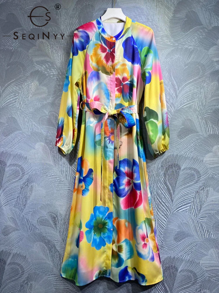 

SEQINYY Elegant Dress Summer Spring New Fashion Design Women Runway High Street Colorful Flower Print Vintage Loose Casual Belt