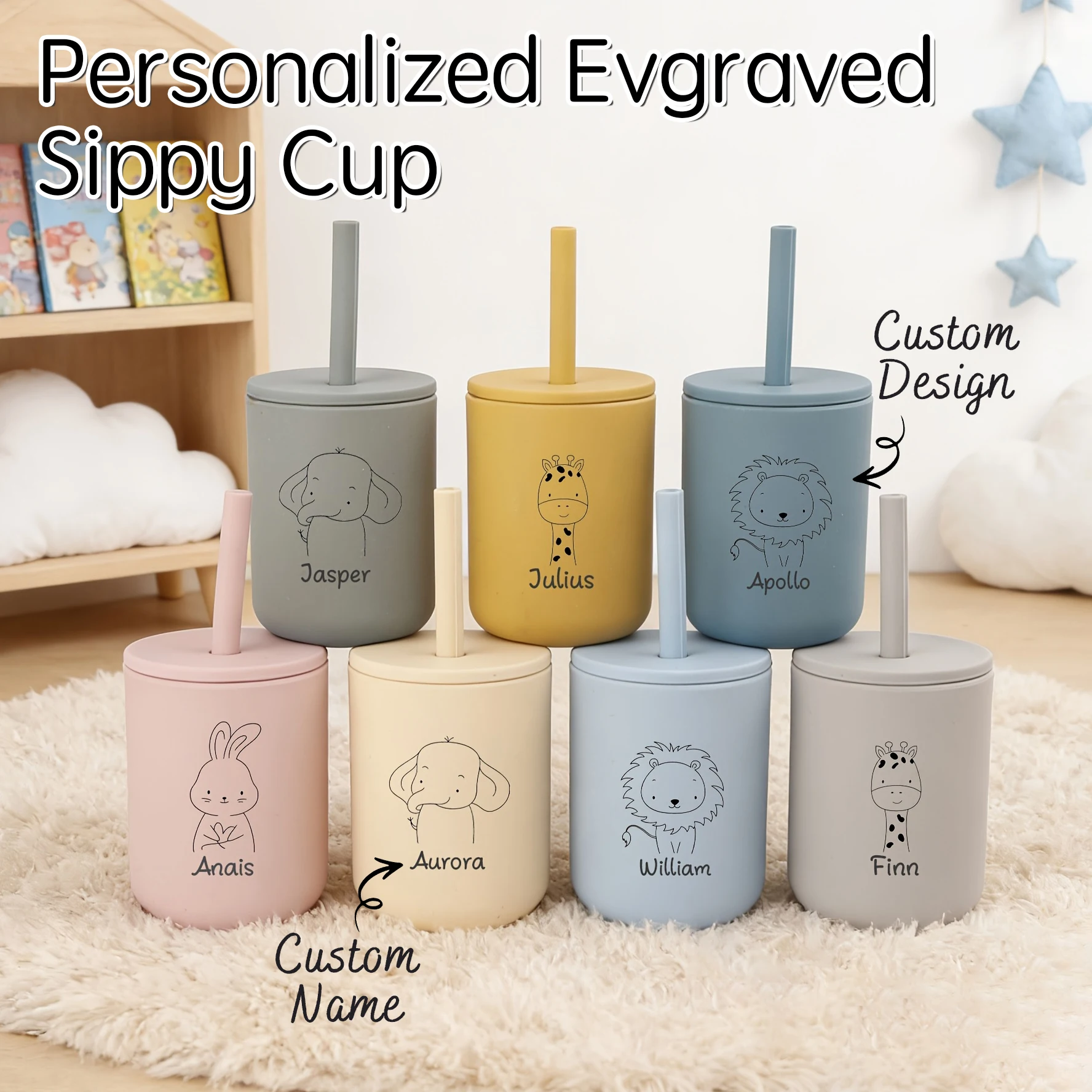 1pc Custom Engraved Silicone Cup 7oz,Leak-Proof Straw Tumbler,Personalized Toddler Training Cup,Baby Shower Birthday Gift
