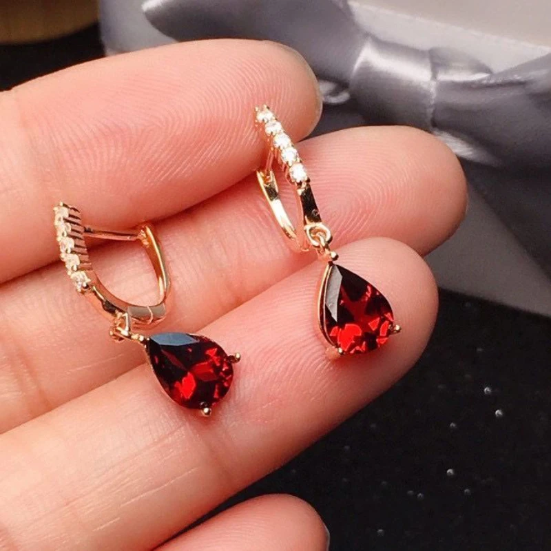 Silver Inlaid Wine Red Ruby earrings for women Exquisite and Simple Water Drop Eardrops earings Fashion Party Jewelry