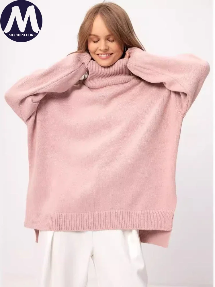 여성용 우아한 하이넥 니트 스웨터 긴 소매 가을 겨울 패셔너블 캐주얼 루즈 따뜻한 두꺼운 풀오버