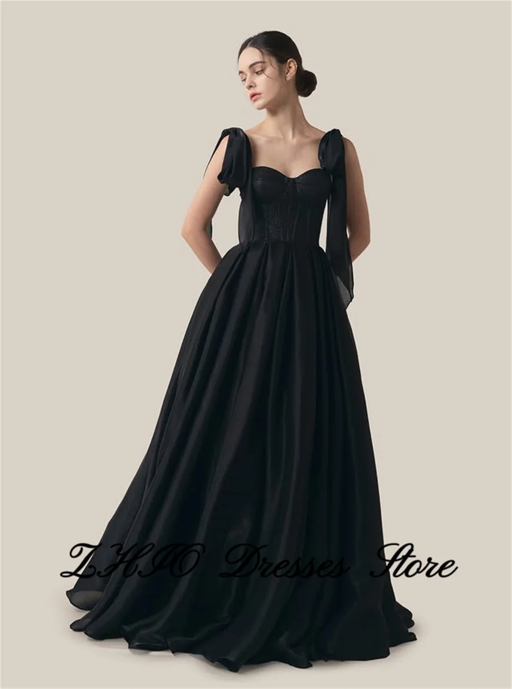 ZHIO Modern Black Sweetheart Collar Wedding Party Dress Strap Floor Length Korea PhotoShoot Bridal Reception Evening Gown Custom