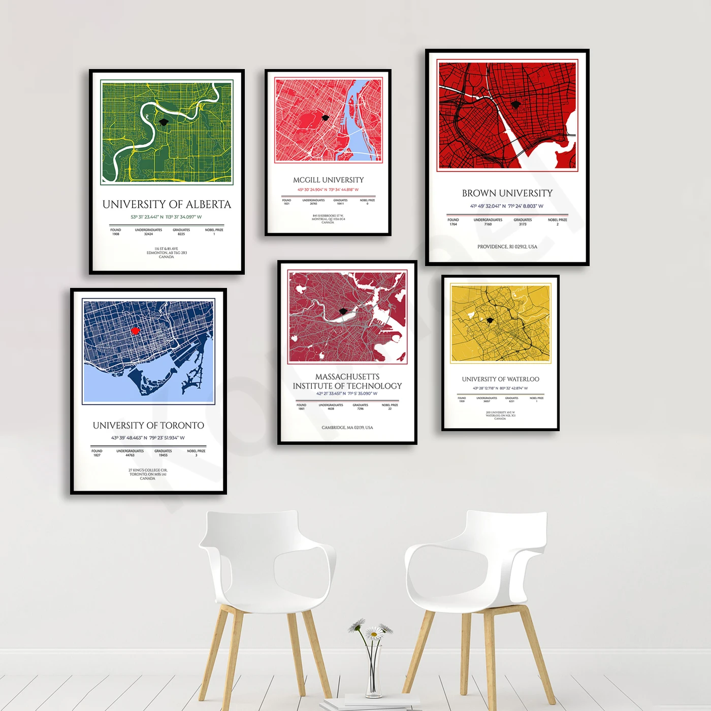 Waterloo. MIT. Toronto. McGill. Brown. Alberta. British. Manchester. Metropolitan University Graduation Gift Map Poster