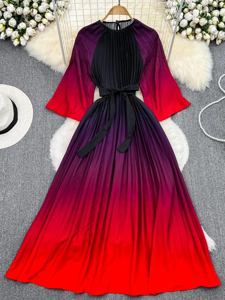 夏らしいヴィンテージ風スリムフィットAラインミディ丈ワンピース レディース ラウンドネック 七分袖 ツートンカラー プリーツワンピース 韓国風