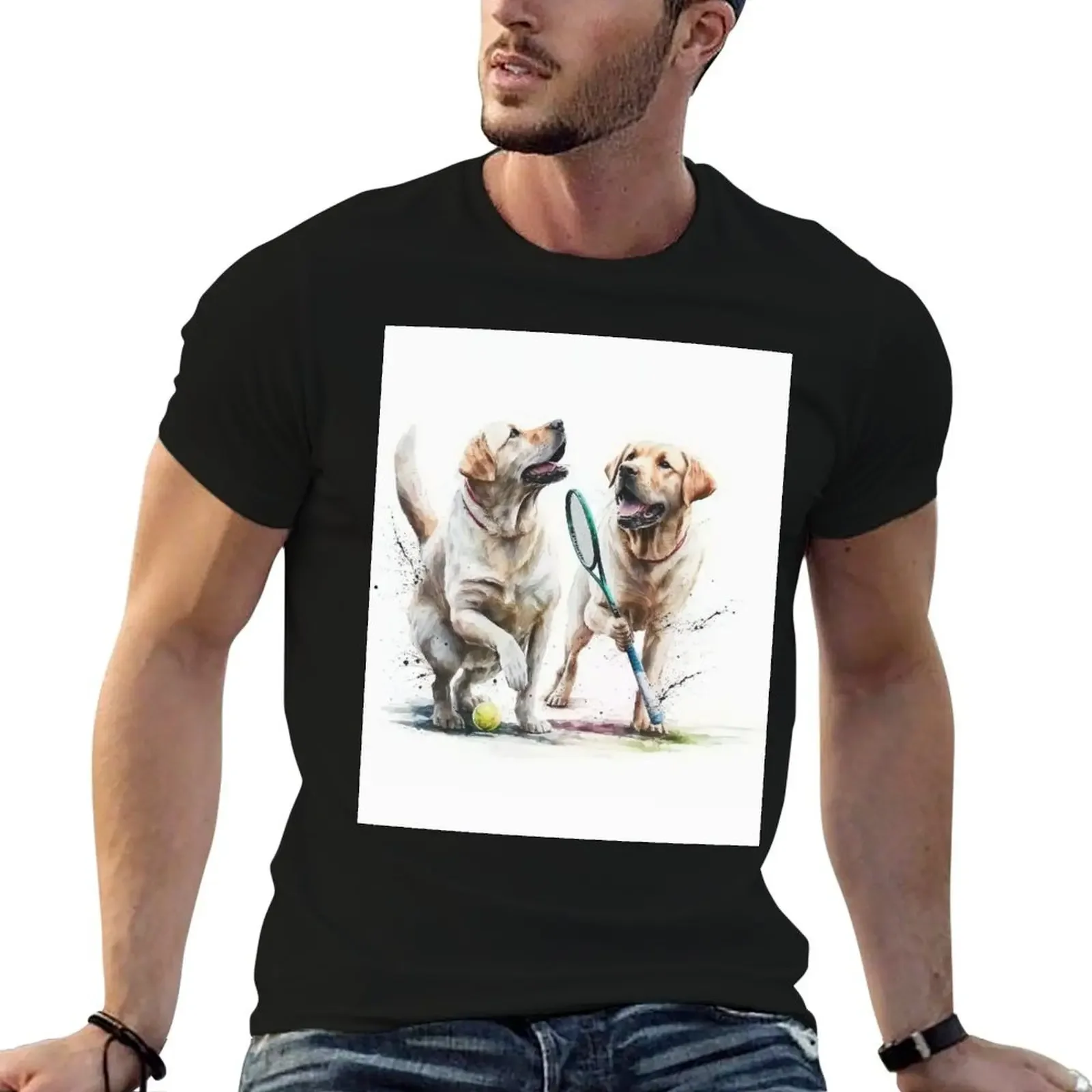 Labrador Dogs Playing Tennis in Canine Court T-Shirt Aesthetic clothing designer shirts man t shirt sweat mens t shirts