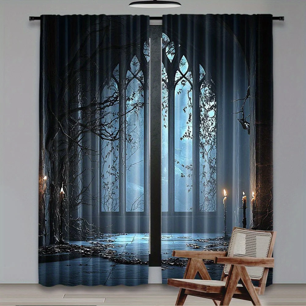 Horror House Gothic Gate Rod Pocket Window Curtains - Halloween Candle View Room Decor for Bedroom Living Room Set of 2 Panels