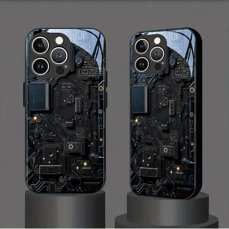 أسود بارد لوحة دوائر كهربائية نمط الزجاج قضية الهاتف آيفون 17 برو ماكس 16 15 14 13 12 11 برو 16E 17Air 7 8 زائد XR XS X غطاء