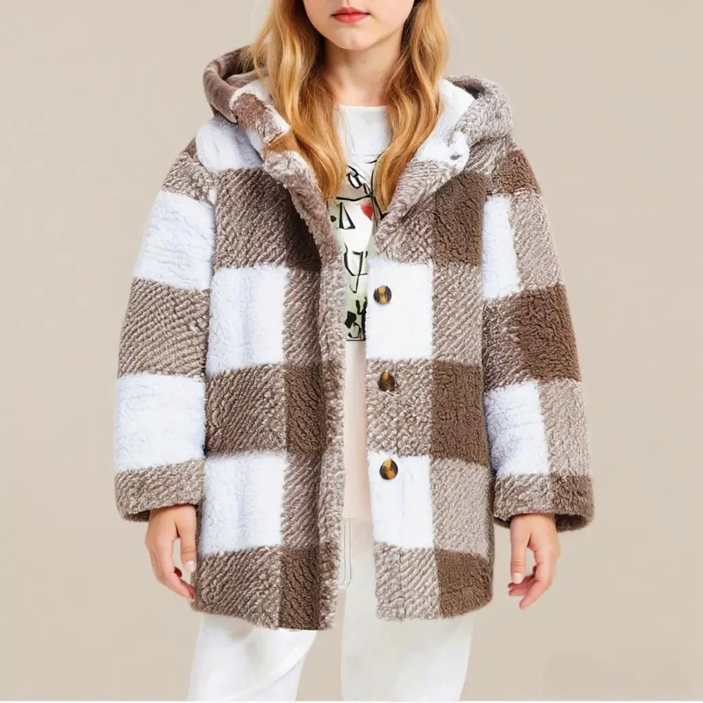 

Детская мода, клетчатые плюшевые теплые куртки, повседневное изысканное пальто с капюшоном и длинными рукавами, детская зимняя популярная уличная одежда для мероприятий