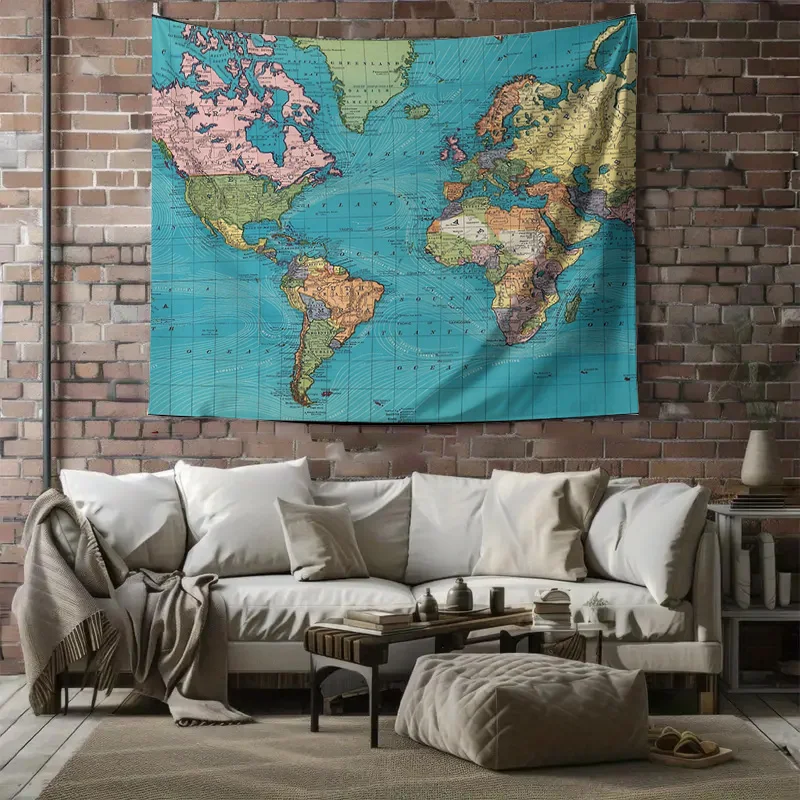 خمر خريطة العالم نسيج الجدار الشنق العتيقة خريطة ديكور السماوية الفن السفر موضوع غرفة نوم الجمالية ديكور المنزل غرفة المعيشة وا #6