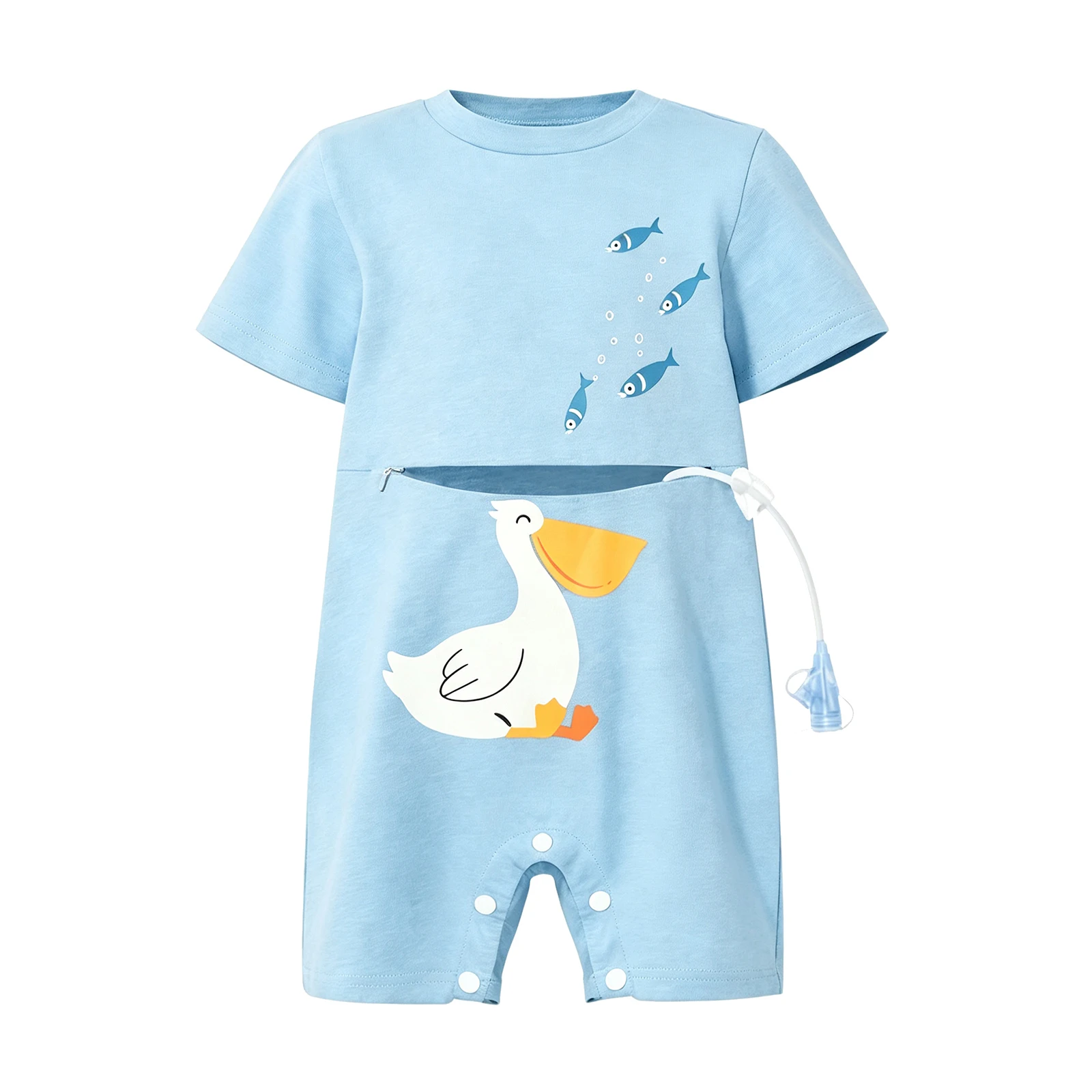 Baby Short Sleeve Button Crotch Adaptive Jumpsuit with Feeding Access Special Needs Clothing for Gastric Tube Diaper Changing