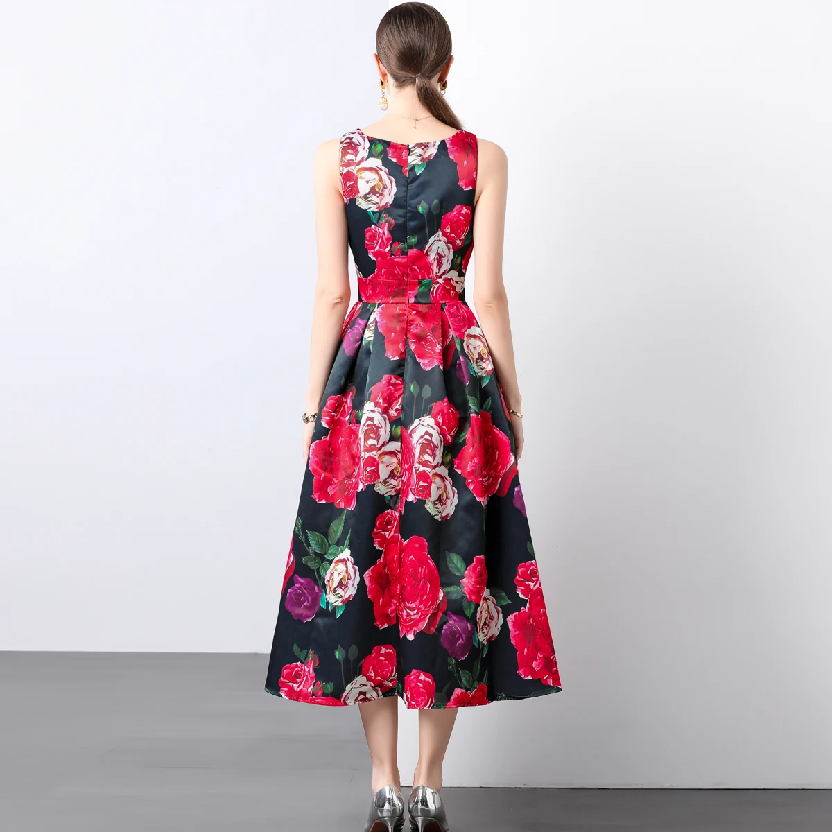 New Fashion Flower Print Women Vest Midi Dress Elegant O Neck Summer Sleeveless Slim High Waist A Line Party Runway Tank Dress