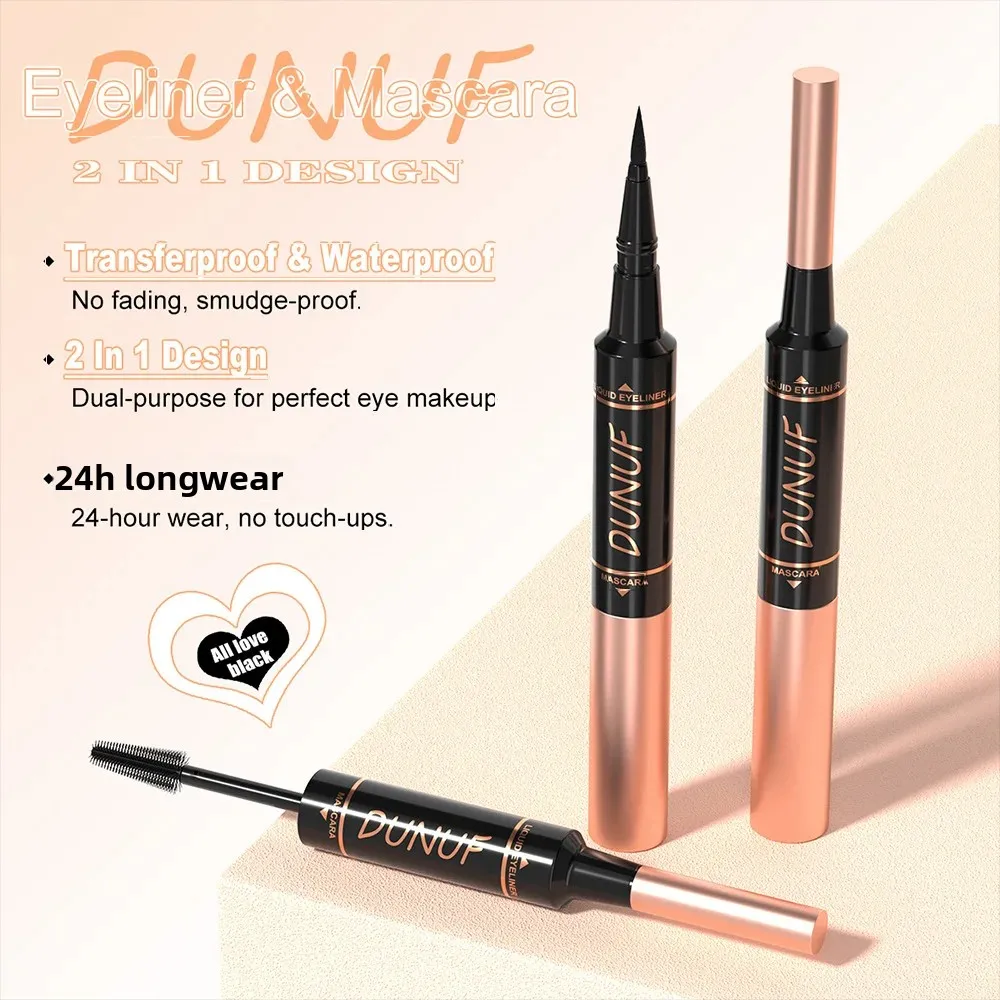 DUNUF Mascara e eyeliner 2 in 1 a lunga durata, impermeabile, resistente al sudore, a prova di sbavature, riccioli e volume lunghi