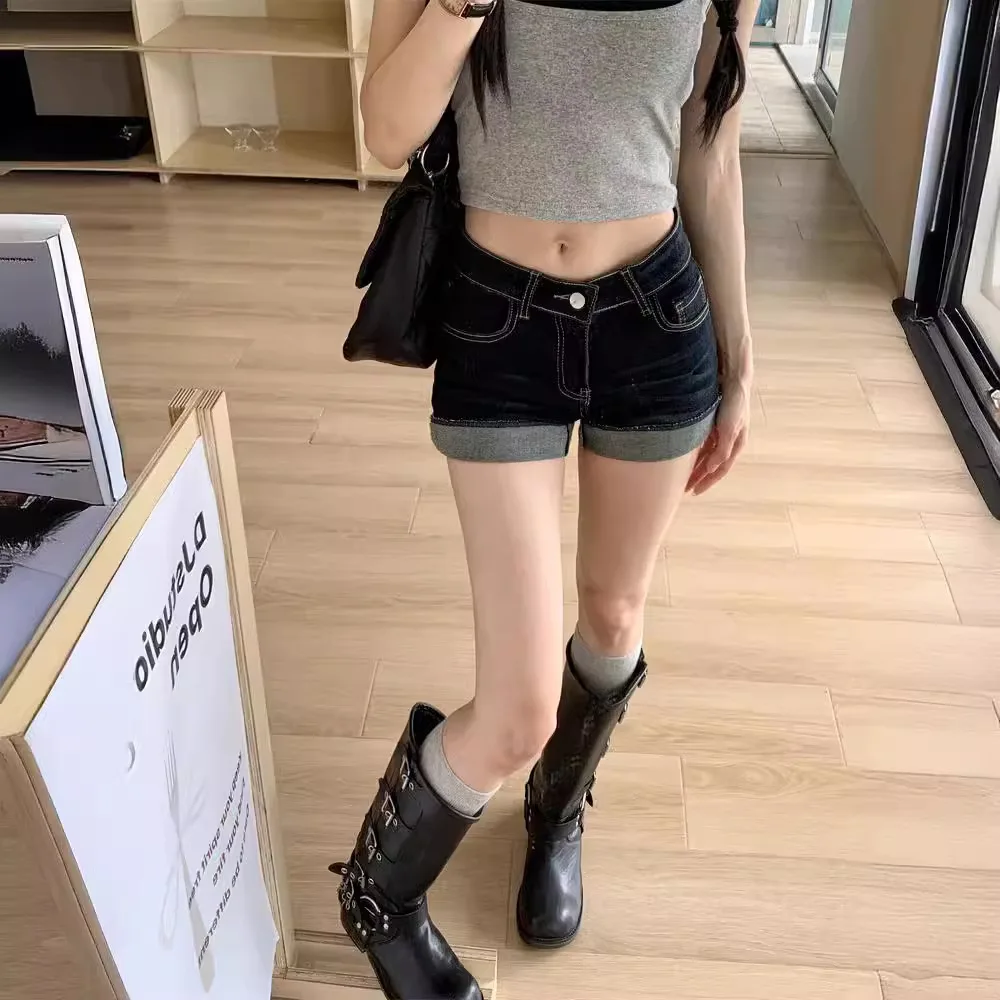 High Waist Denim Shorts Straight Leg Jeans Women Summer Casual Rolled Hem Jorts