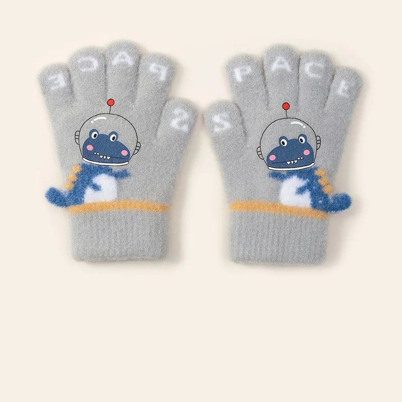 Sarung Tangan Dinosaurus Kartun Lucu Anak Laki-laki Musim Dingin Sarung Tangan Rajutan Hangat Anak-anak Sarung Tangan Lima Jari Sarung Tangan Rajut Anak-anak TK 3-8Y