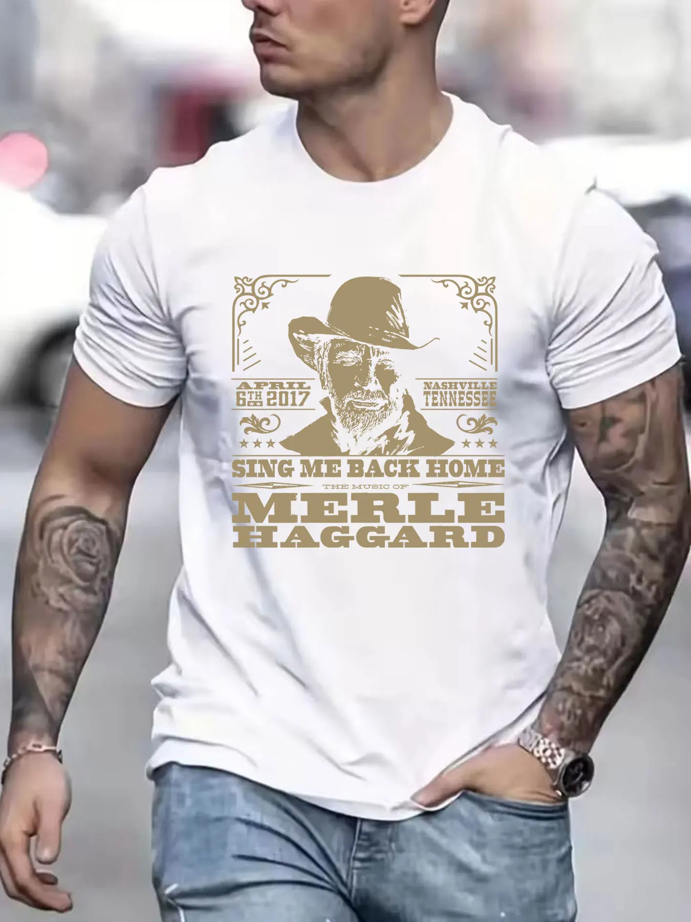 Men's Cotton T-Shirt Sing Me Back Home Merle Haggard Nashville April 6th 2017 Country Music Graphic Tee