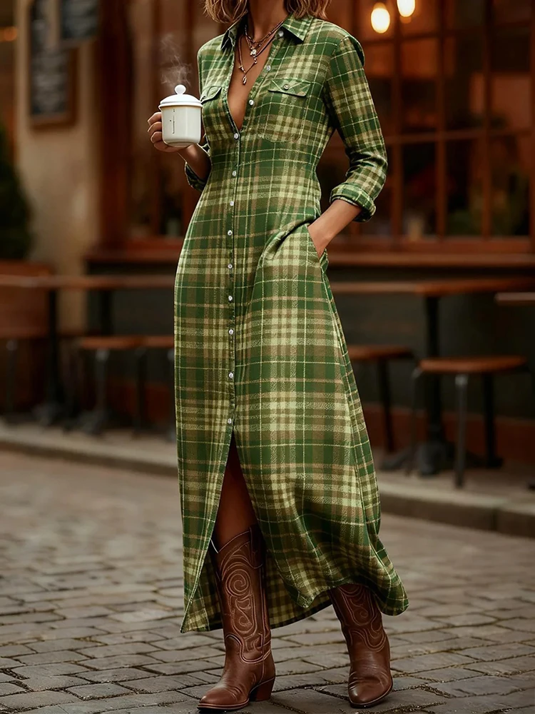 

Elegant High Waist Maxi Dress Vintage Grid Printed Long Sleeve Lapel Shirts Dress Spring Summer New Women's Pocket Commute Dress