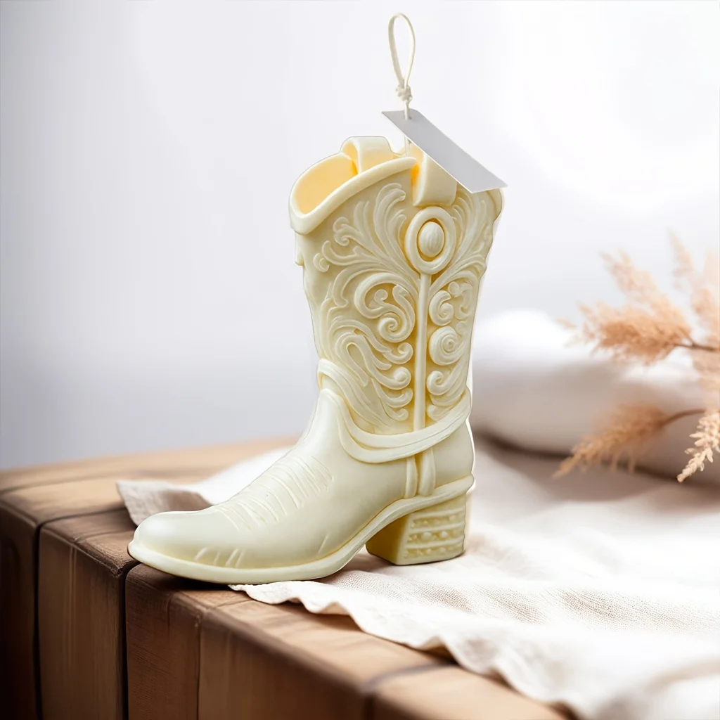 White Cowboy Boot Silicone Mold for DIY Candle & Ornament Making - Intricate Swirling Patterns, Chunky Heel Design