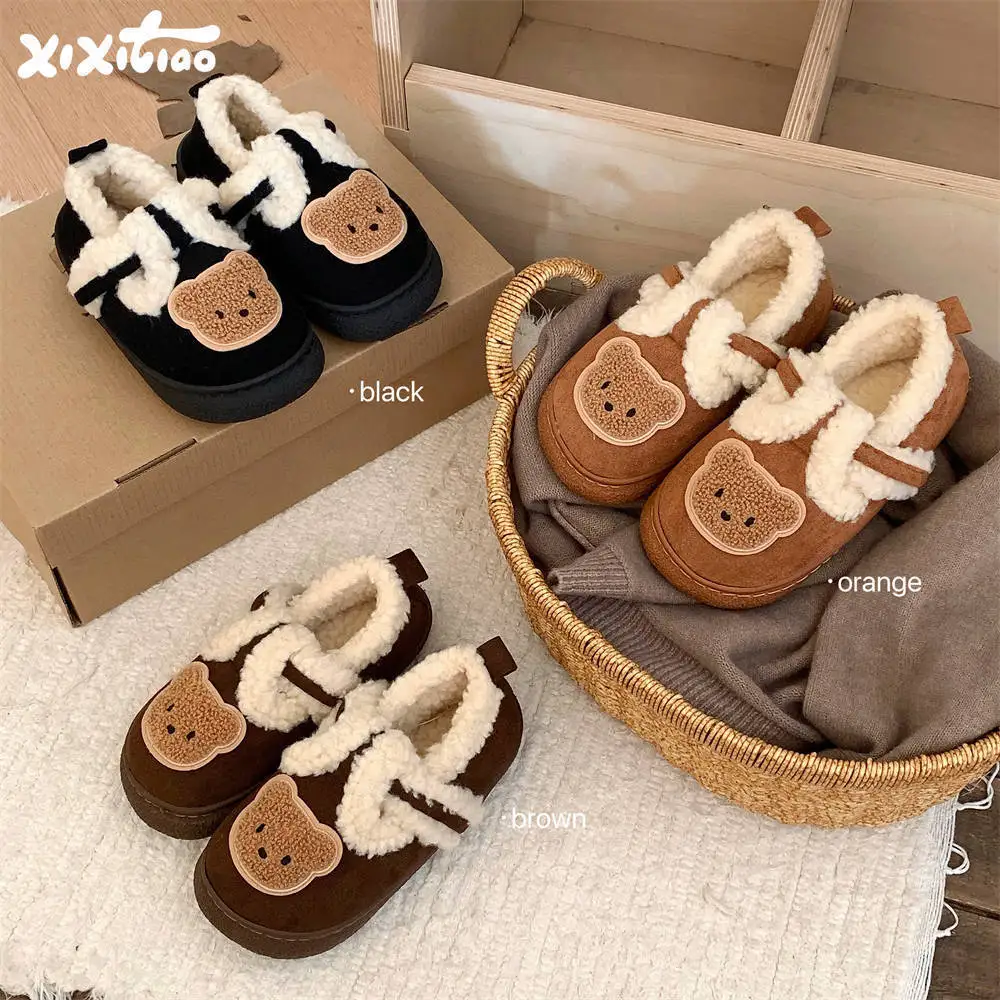 Women Home Cotton Shoes Warm Cute Teddy Bear Children's Color Blocked Boken Shoes For Casual Outerwear With Plush Cotton Shoes