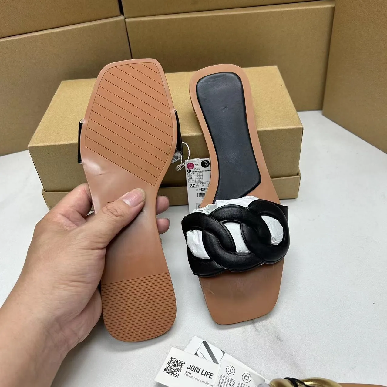 Zapatillas planas de punta cuadrada para mujer, sandalias informales para exteriores, zapatos planos cómodos, talla 39