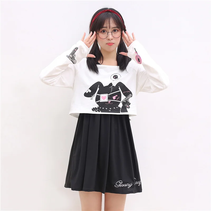 Japanese Kawaii Bunny Rabbit Lolita Dress Cute Comic Black Two Piece Set Cosplay Long Sleeve Casual Loose Girl Mini Dresses 2022