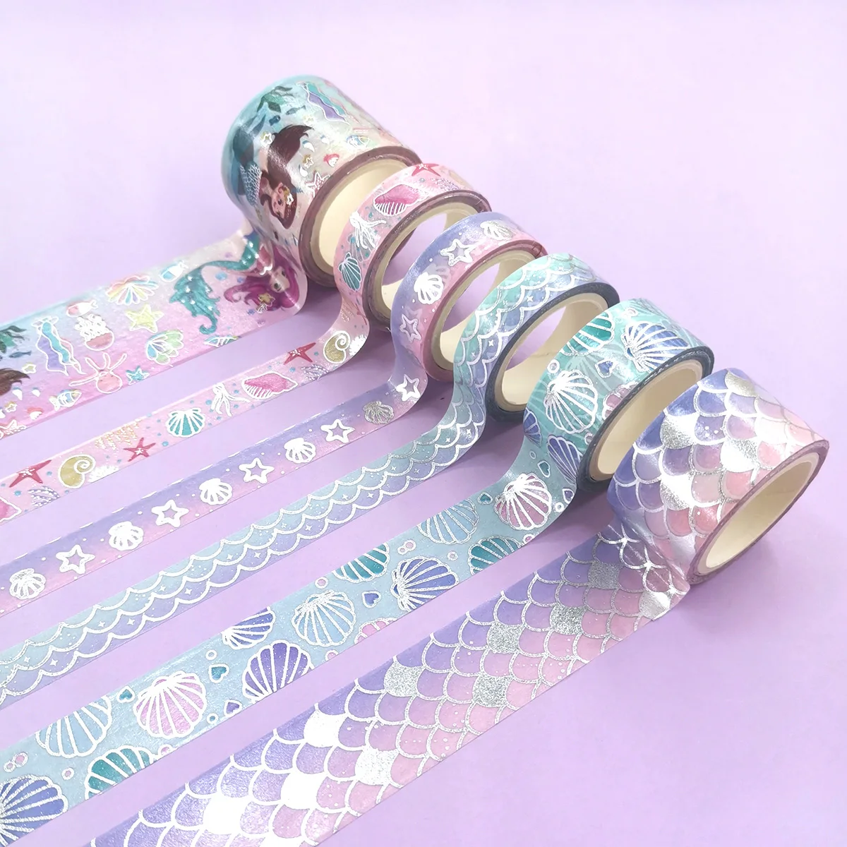 Set Selotip Washi Putri Duyung, 6 Gulungan Selotip Dekoratif Bertema Laut Berlapis Perak Berkilau untuk Menulis Jurnal, Scrapbooking, Kerajinan DIY, Hadiah