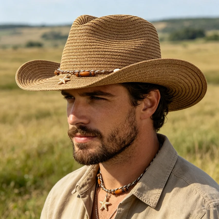 Bohemian Style Straw Cowboy Hat with Starfish and Shell Decorations, Large Brim Sun Protection Hat, Not Stuffy to Wear in Summer, Lightweight and Comfortable, Foldable Holiday Hat