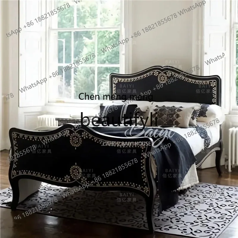 S7486 ss American Retro Solid Wood Bed Modern Simple French Hand-painted Double Bed 1.8m Master Bedroom Simple Wedding Bed