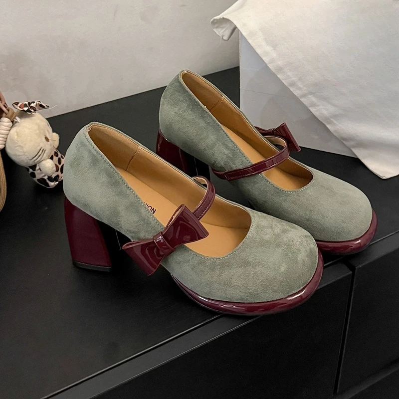 

Suede Block Heel Mary Janes Women's Round Toe Shallow Bow Platform Non-Slip Heeled Single