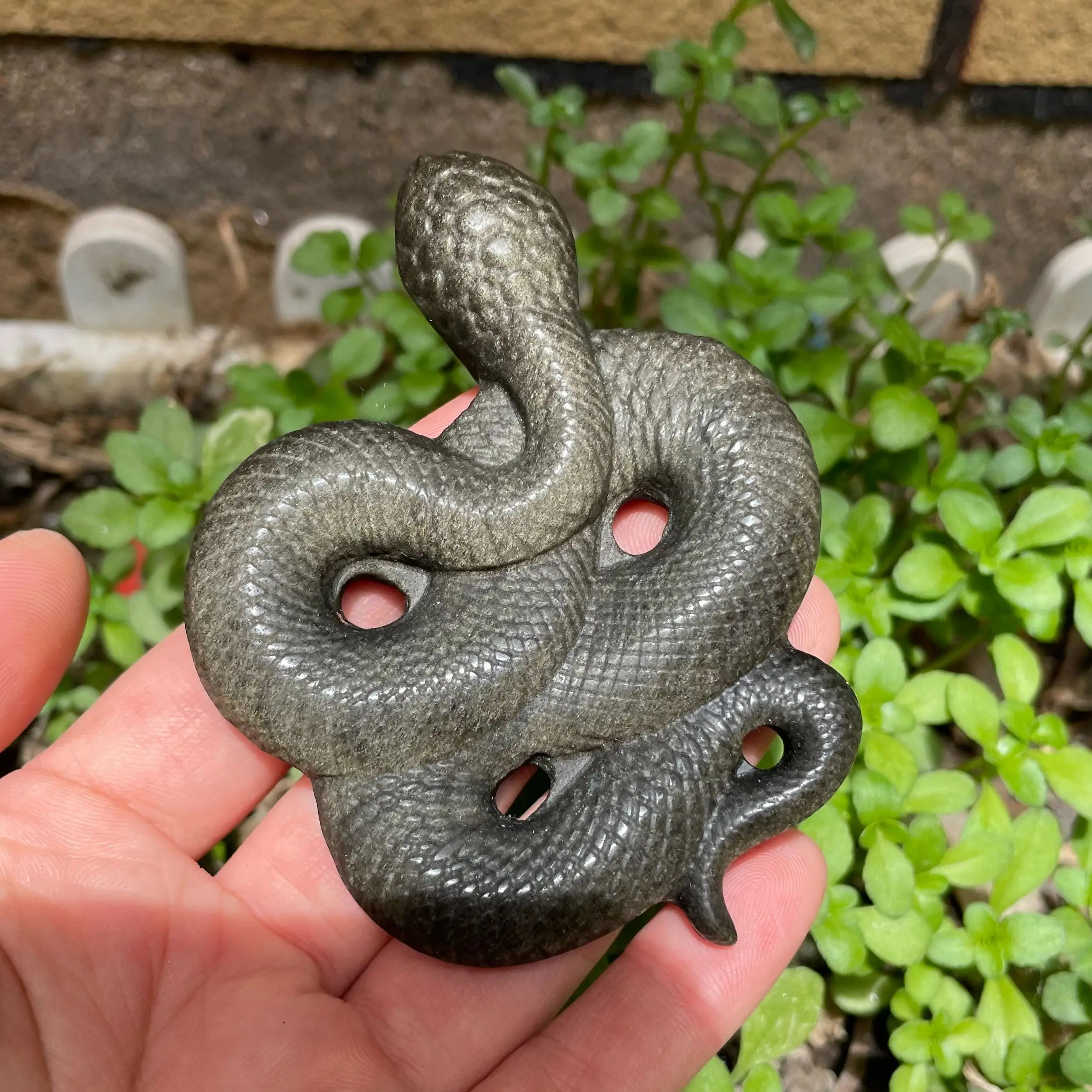 9cm Lovely Natural Crystal Hand-Carved Gold Silver Obsidian Snake Healing Reiki Energy Stone Natural Quartz Crystals