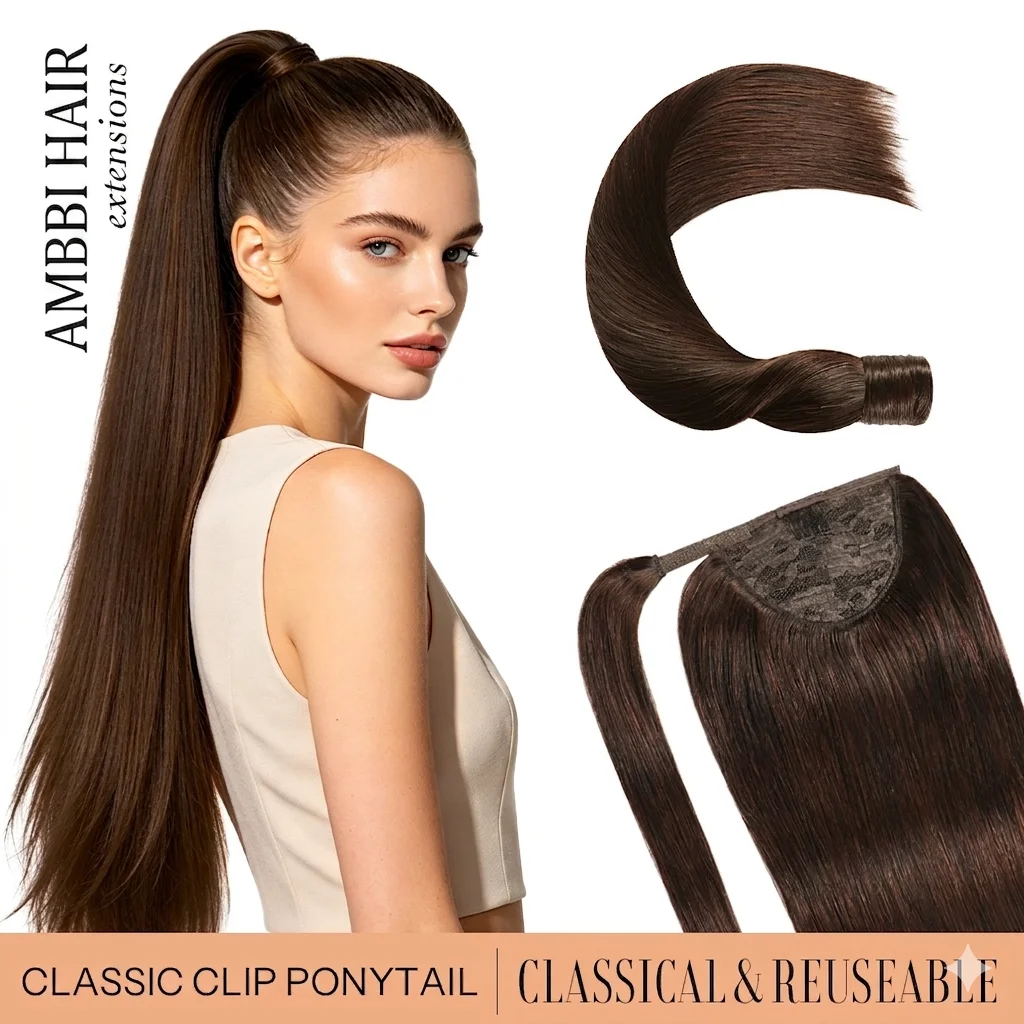 100% Natural Human Hair  Ponytail Hair Extensions Straight Remy Magic Wrap Around Ponytail Clip In Horsetail Clip Extensions