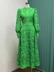 Luxury Lace Hollow Out Long Dresses Women 2025 Spring Holiday Full Sleeve Embroidery Elegant Party Vestidos Wedding Robe White