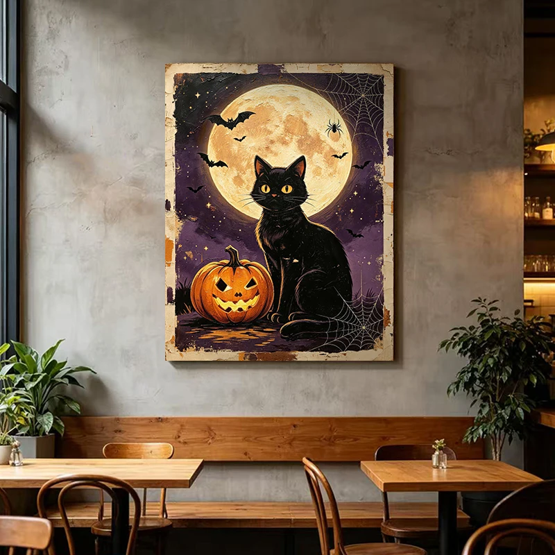 Vintage Halloween Black Cat Canvas Wall Art, Full Moon Jack O Lantern Bat Spider Web Old Paper Print Poster, Rustic Farmhouse Sp
