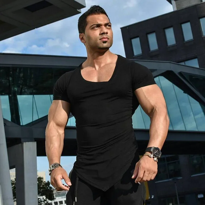 Brand Summer Fitness Men Cotton Short Sleeve t-shirt Oblique V Neck Gyms Clothing Bodybuilding T shirt Male Slim Tight Tees Tops