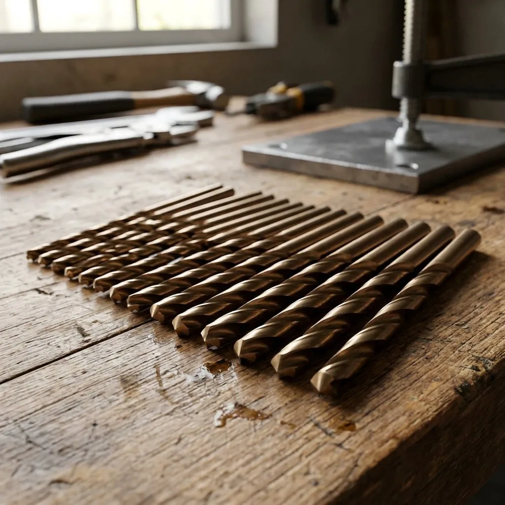 13pc Left-Hand Coated HSS Drill Bits with Spiral Geometry for Wood Metal Drilling and Fastener Extraction Tasks