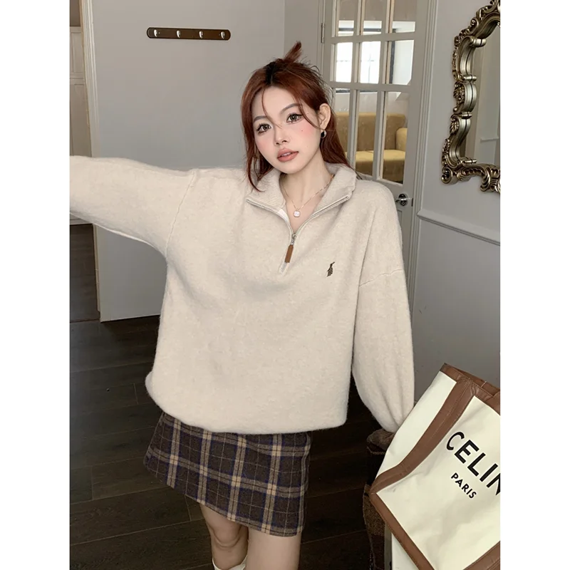 Women\'s Autumn and Winter New Style Vintage Recreational Half Zipper Solid Color Drawstring Sweater Fashion Temperament Blouse