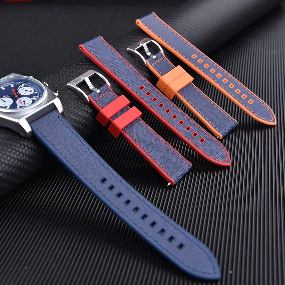 New Leather+FPM/FKM Rubber Straps 20mm 22mm Double Layer Diver Watch Straps Rubber Watchbands Leather Strap Bracelet Accessories