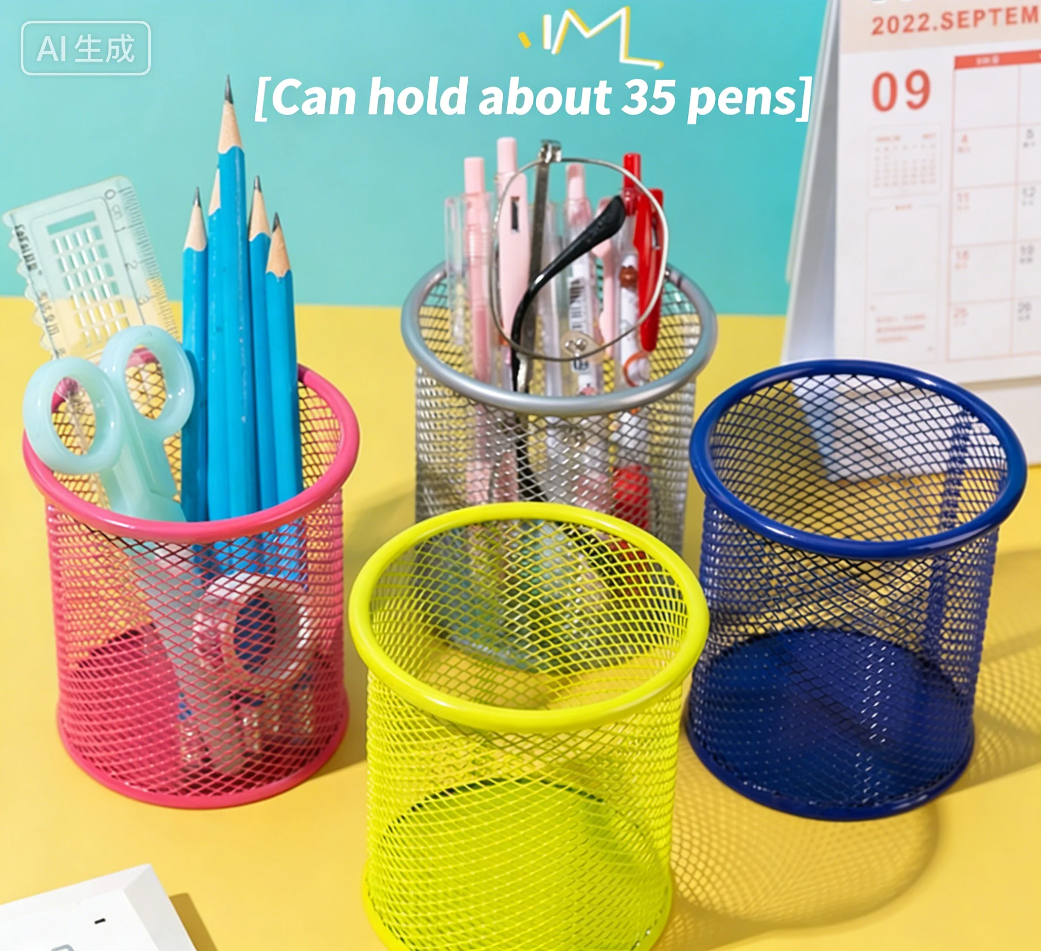 Student pen holder, storage bucket, hollow metal mesh, multi-functional value, creative desktop stationery, multi-color