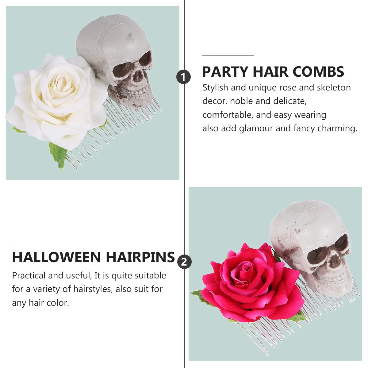 

2 Pcs Skull Hair Clip Comb Halloween Hairpins Rose Party Combs Resin Women's