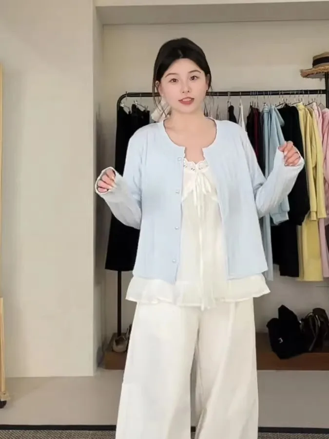 

plus Size Korean Style Lace Trim Camisole And Cardigan Two Piece Set Spring New Arrival Fashionable plus Size Women's Outfit