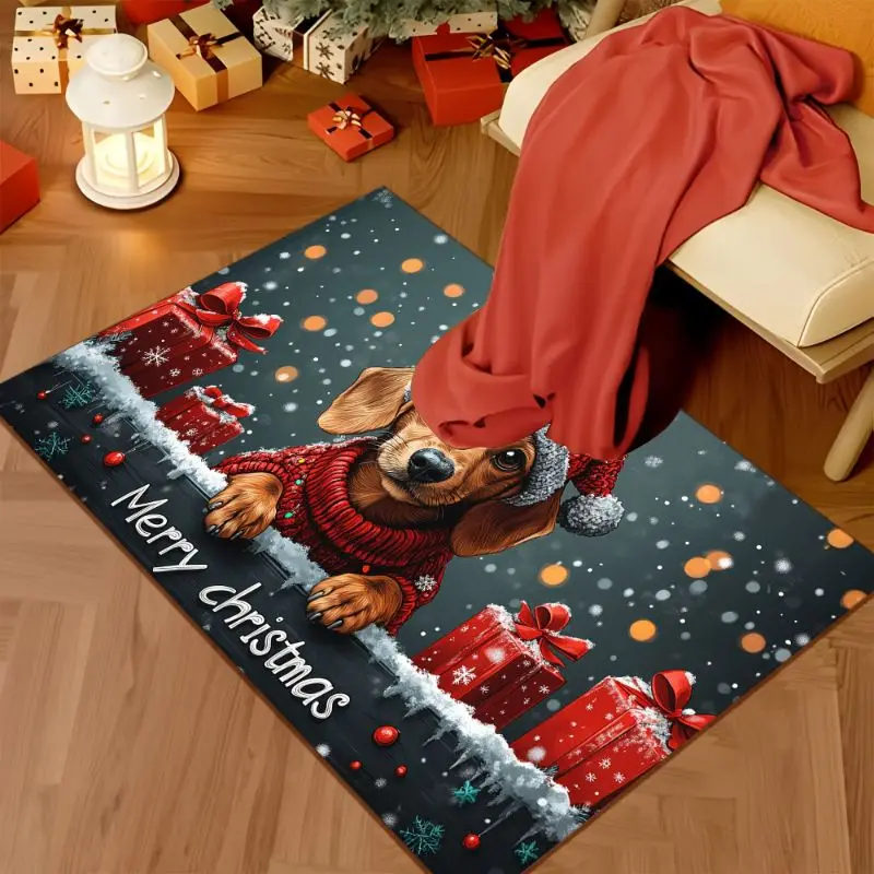 VIKAMA Christmas Dachshund Dog Rug Non Slip Washable Floor Mat Merry Christmas Gift Holiday Decor Carpet Entryway Home Decor