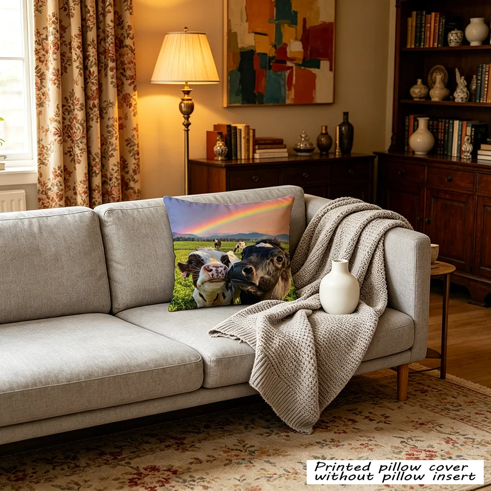 1 piece, multicolor, Meadow Twin Calves Rainbow Landscape Pattern, Realistic Pastoral Style, 2D Printed Pillow Cover