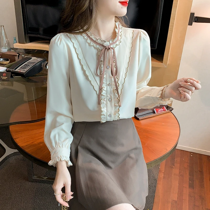 Long Sleeve Blouse Women Ruffles Chiffon Blouse Shirt Tops Women Blusas Mujer De Moda 2024 Blouses Shirts Blusa Camisas F507