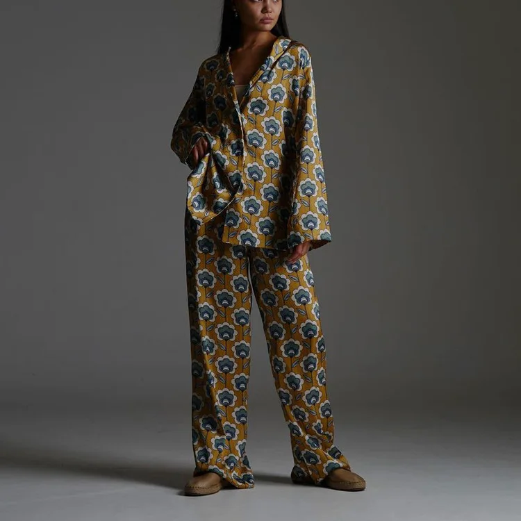 Fashion Ladies Nightwear Set Long Sleeve Nightgowns Turn-Down Collar Loose 2 Pcs Sleepwear Pants Causal Female Pajamas Suits