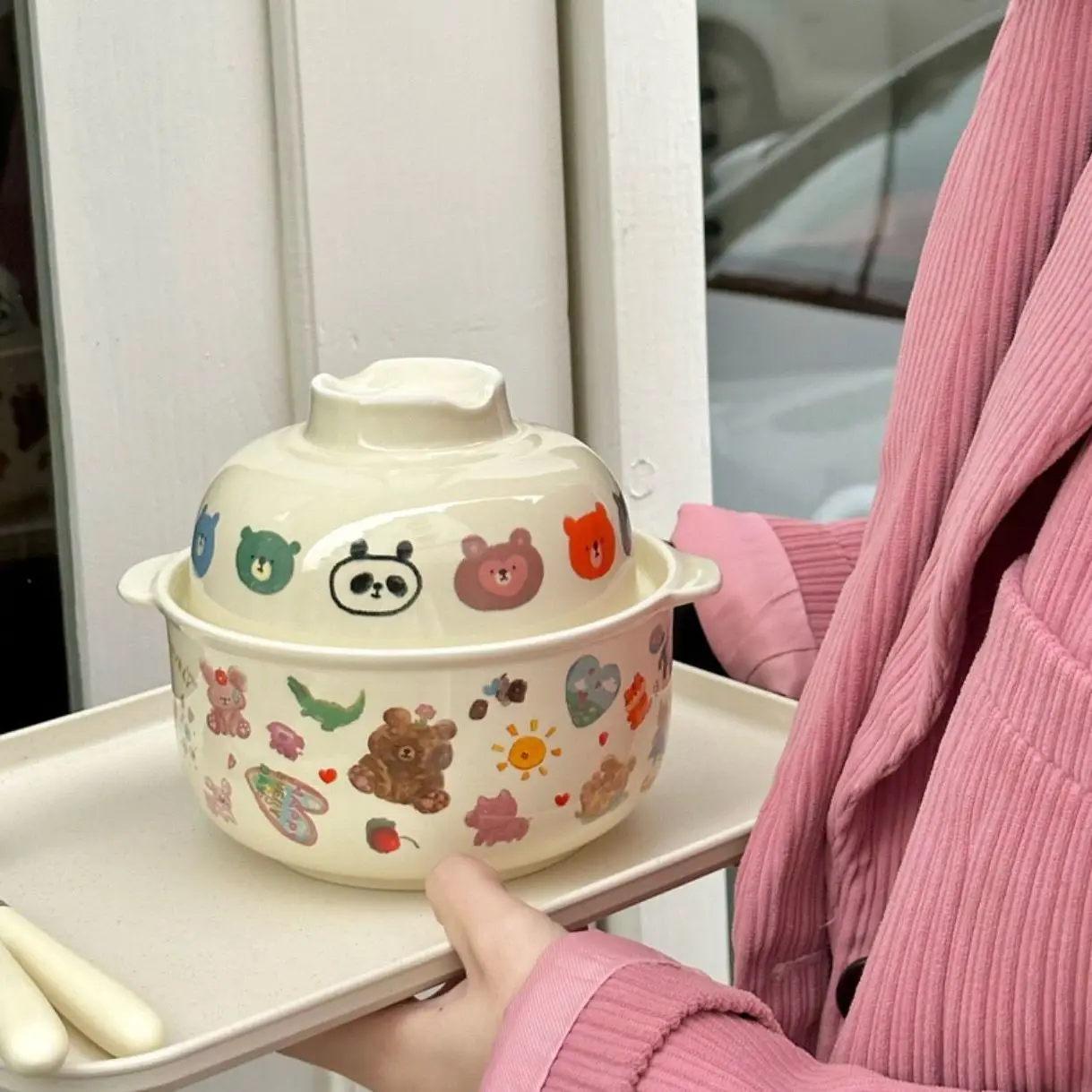 Lovely Bear Ceramic Instant Noodles Bowl  High Beauty Retro Cream Large Capacity Bowl with Lid Student Dormitory 650ml