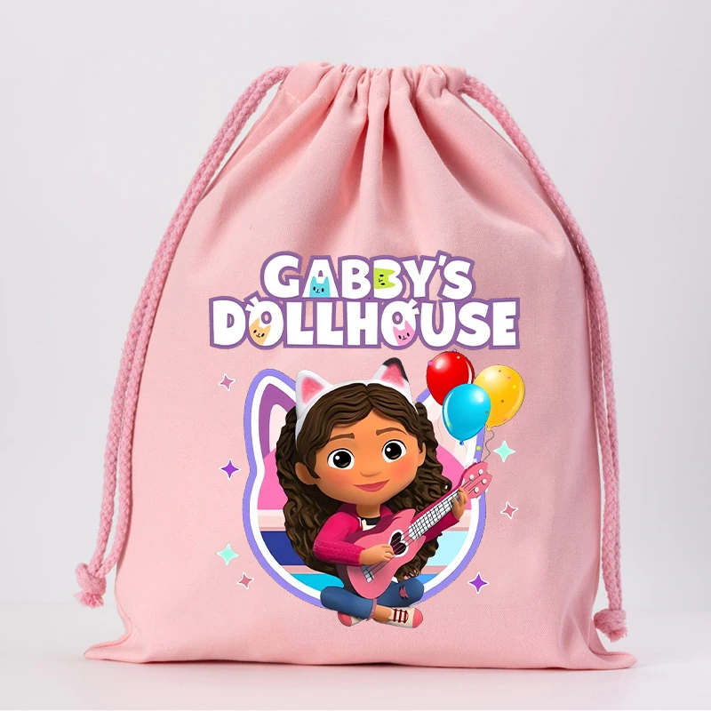 New Gabby Dollhouses Cotton Drawstring Bag Kawaii Cartoon Printed Storage Bags Children Handbag Girls Tote Bag Birthday Gifts